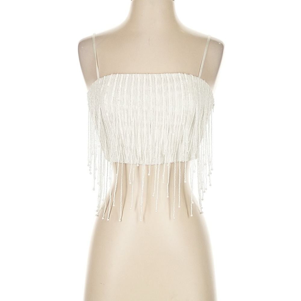 RAMY BROOK - White Sequin Fringe Crop Top